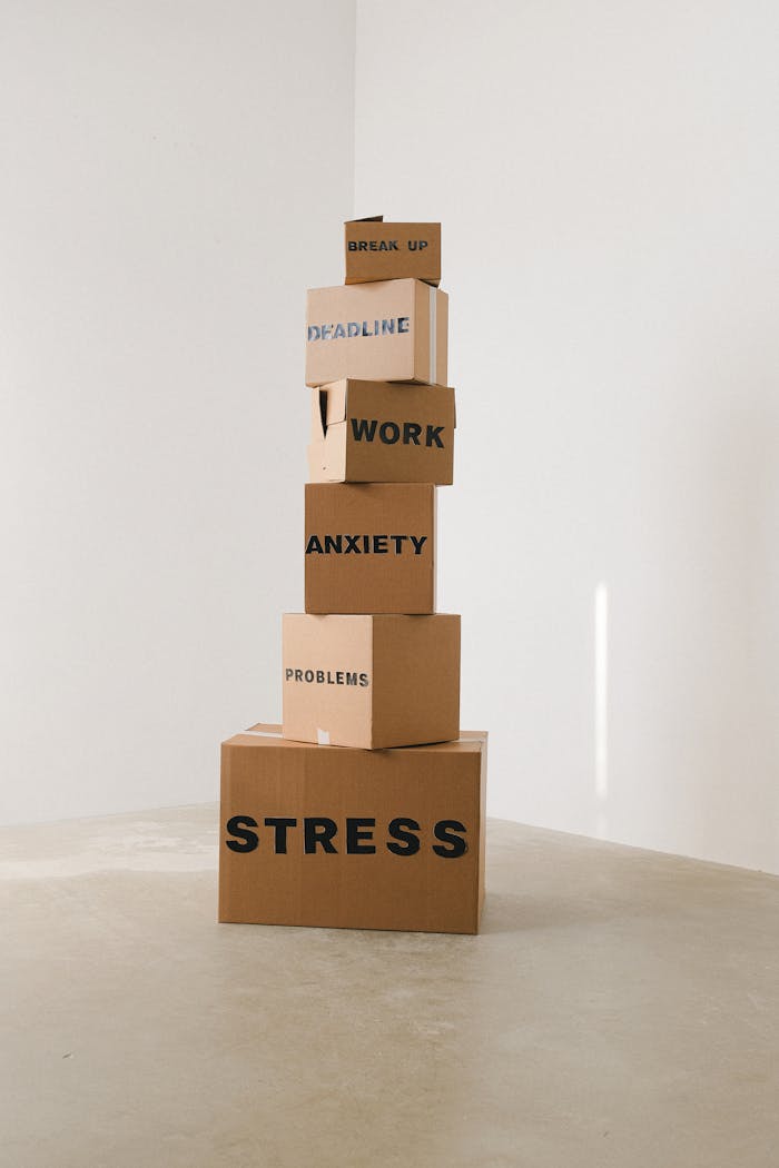 Home Vertical stack of cardboard boxes labeled with stress-related words, emphasizing mental health challenges.